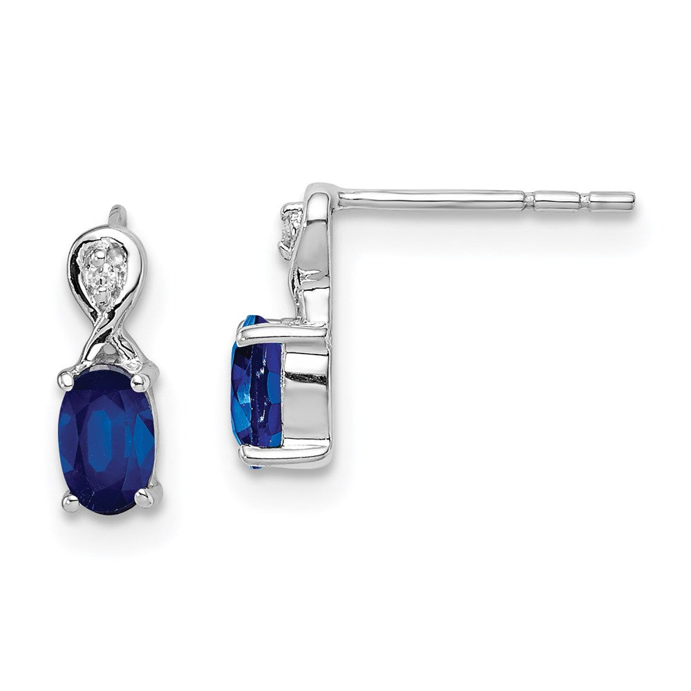 Sterling Silver Rhodium Plated Diamond & Sapphire Oval Post Earrings - Product Photo