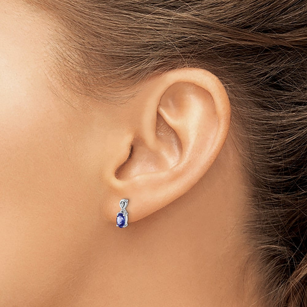 Sterling Silver Rhodium Plated Diamond & Tanzanite Oval Post Earrings - Product Photo