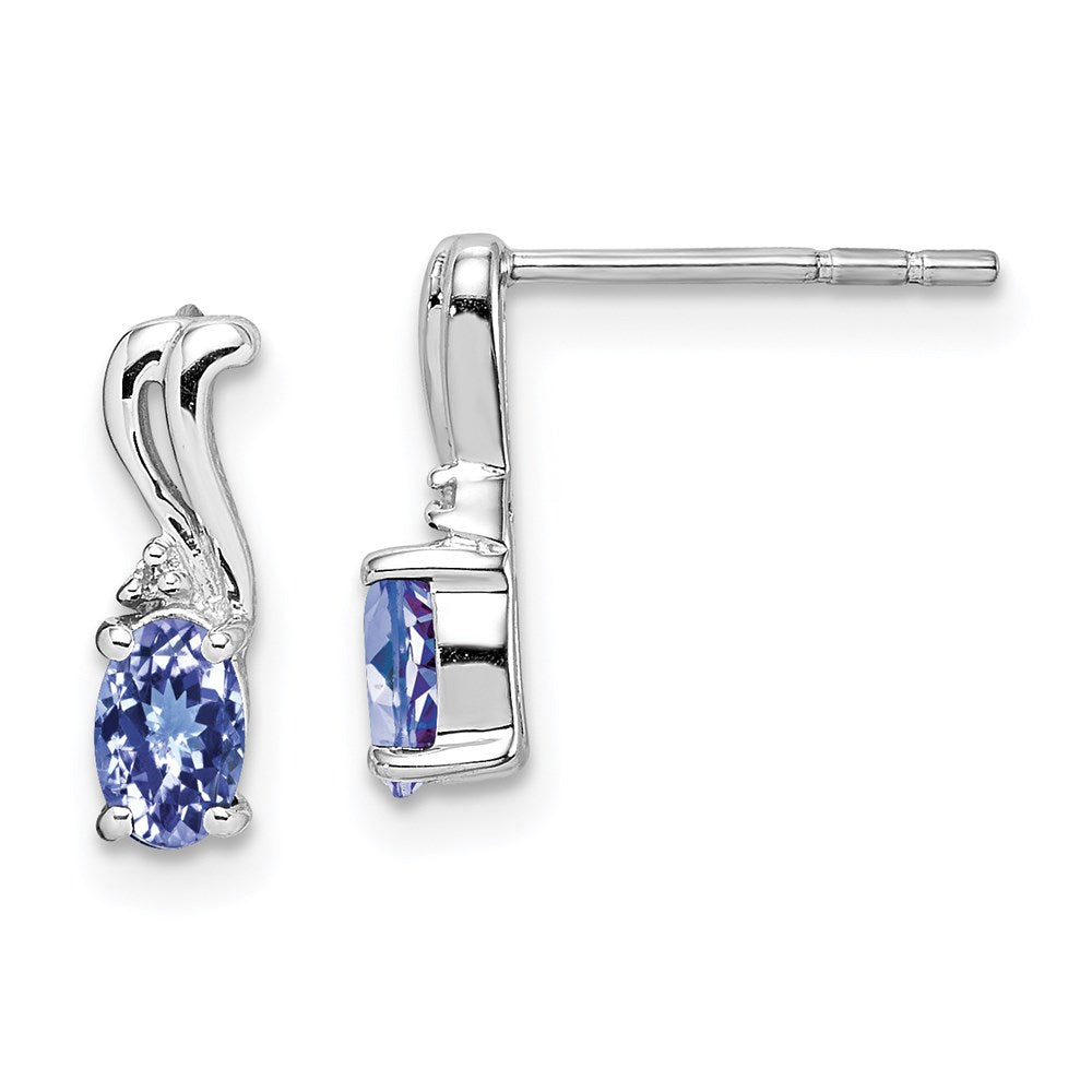 Sterling Silver Rhodium Plated Diamond & Tanzanite Oval Post Earrings - Product Photo
