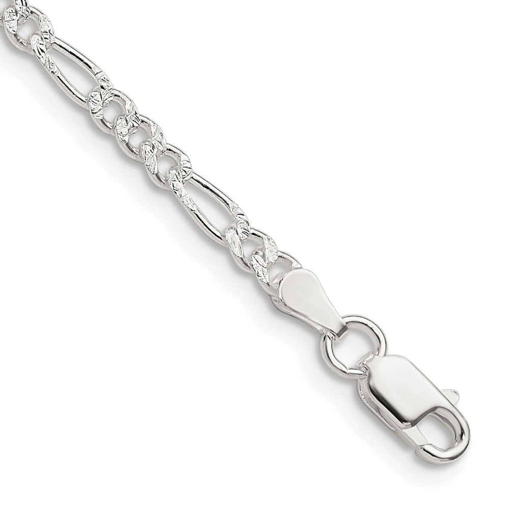 Sterling Silver 3mm Pavé Flat Figaro Chain Bracelet 7"-8" - Product Photo