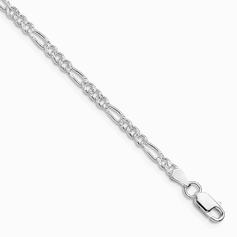 Sterling Silver Rhodium-plated 3mm Pavé Flat Figaro Chain Bracelet 7"-8"