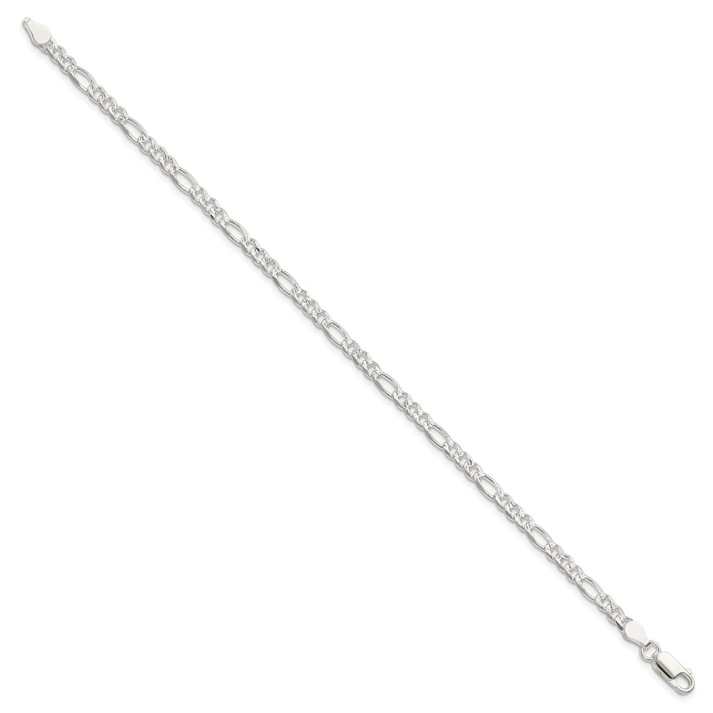 Sterling Silver 4mm Pavé Flat Figaro Chain Bracelet 7"-9" - Product Photo