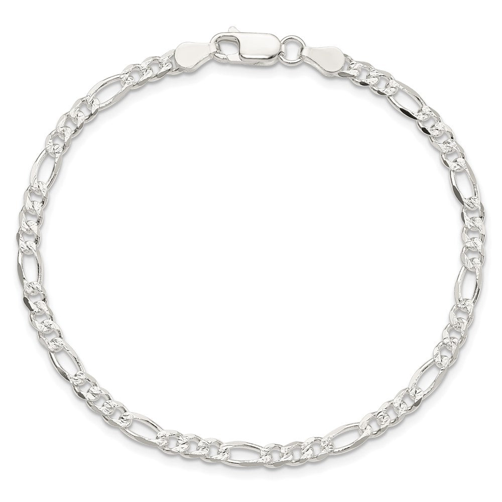 Sterling Silver 4mm Pavé Flat Figaro Chain Bracelet 7"-9" - Product Photo