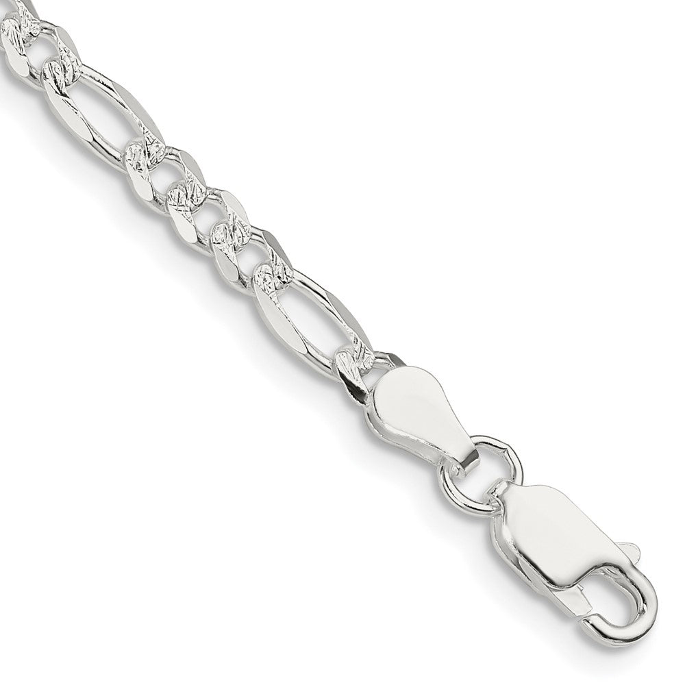 Sterling Silver 4mm Pavé Flat Figaro Chain Bracelet 7"-9" - Product Photo