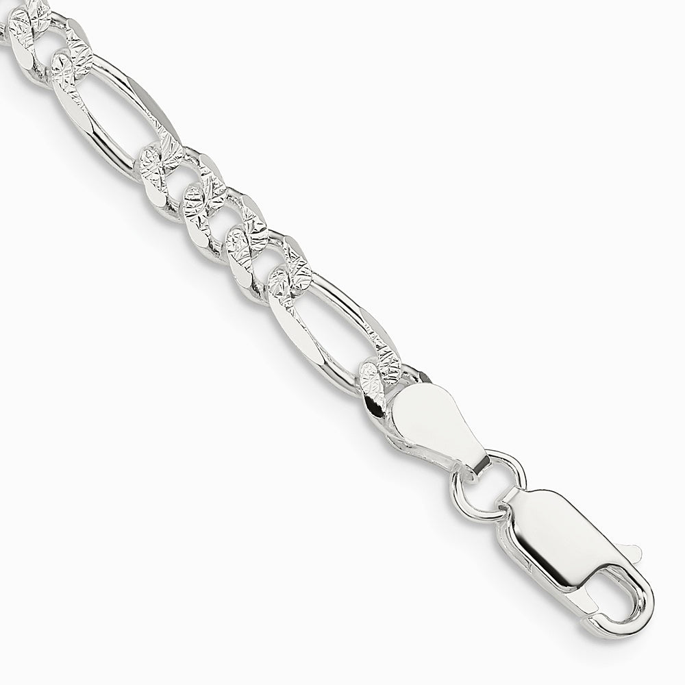 Sterling Silver 4.3mm Pavé Flat Figaro Chain Bracelet 7"-9" - Product Photo