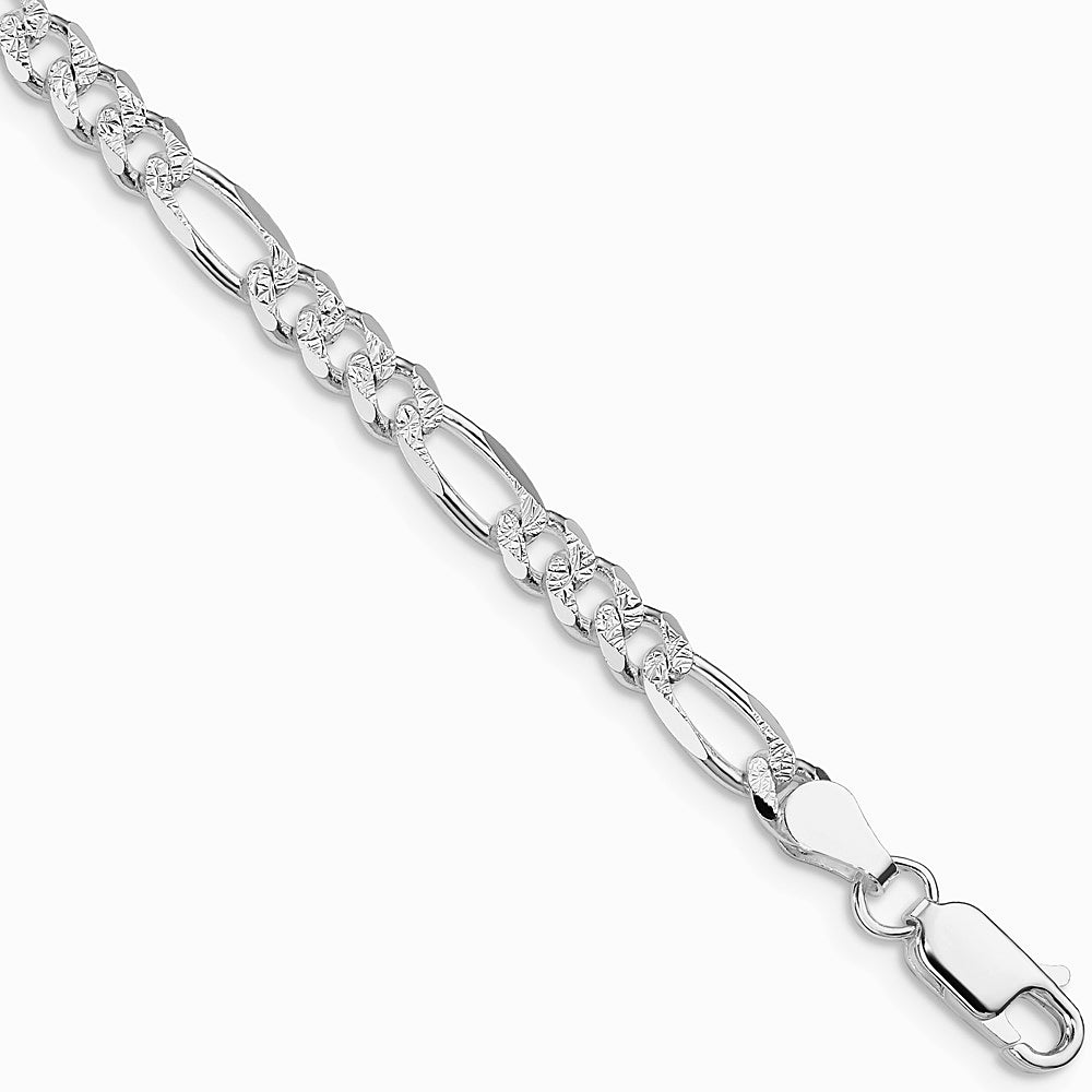 Sterling Silver Rhodium-plated 4.3mm Pavé Flat Figaro Chain Bracelet 7"-9"
