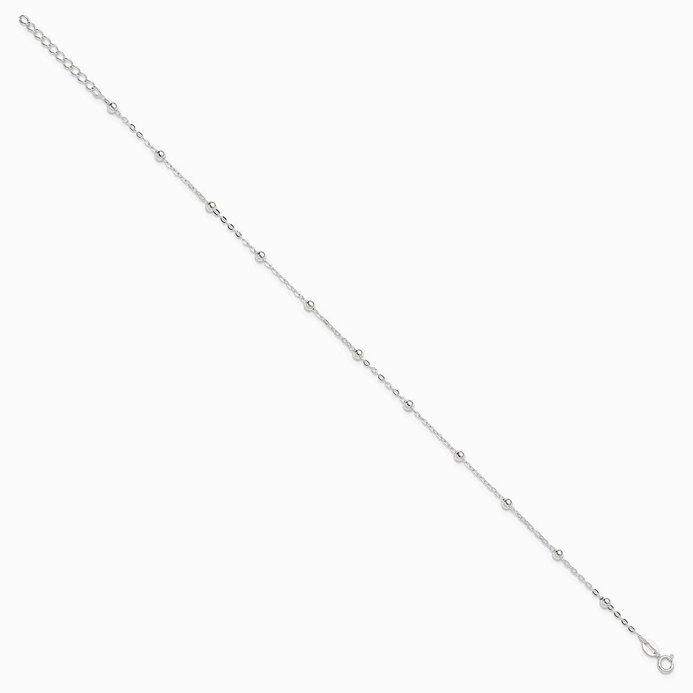 Sterling Silver 1mm Beaded Chain 10in Plus 1in ext. Anklet Bracelet 9"-10" - Product Photo