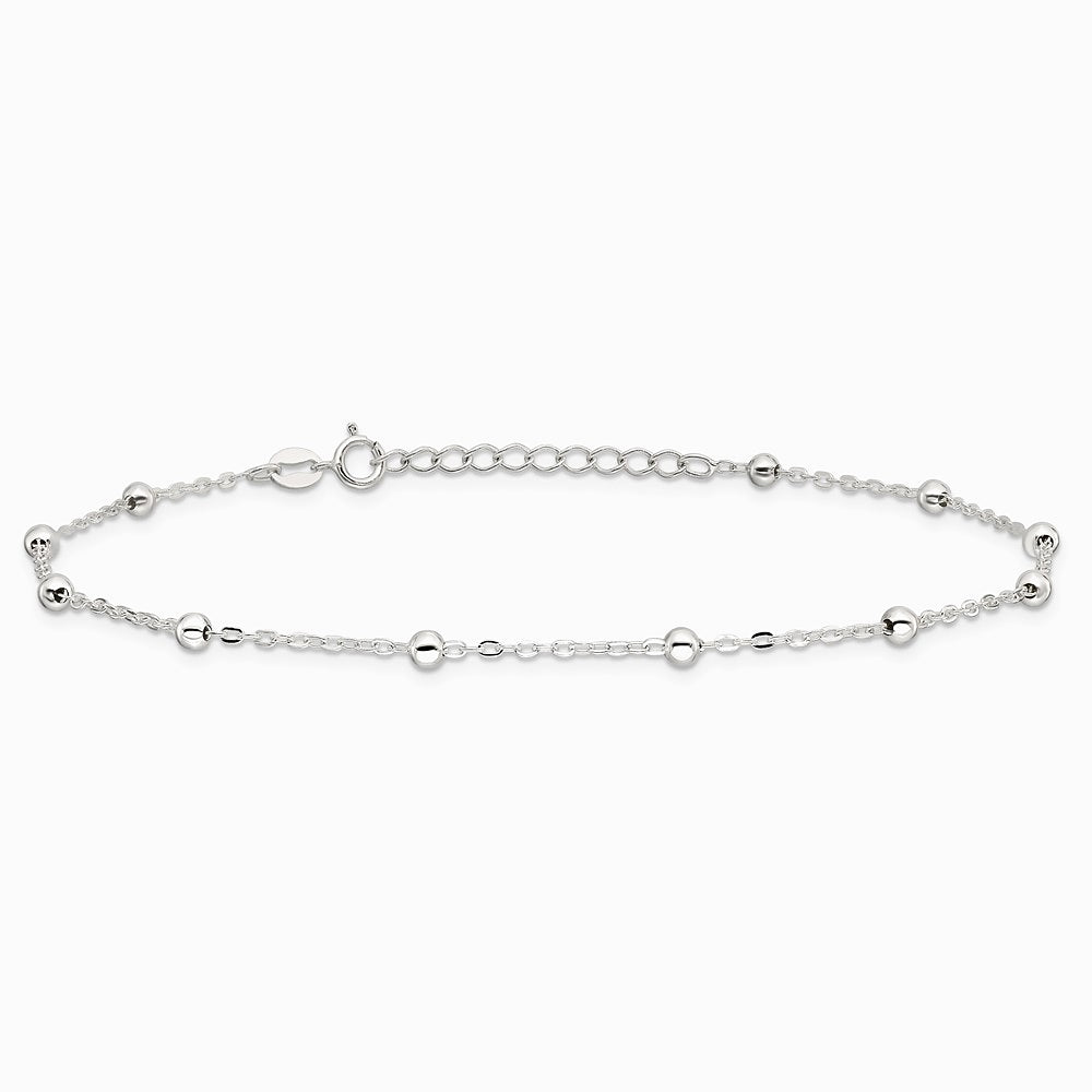 Sterling Silver 1mm Beaded Chain 10in Plus 1in ext. Anklet Bracelet 9"-10" - Product Photo