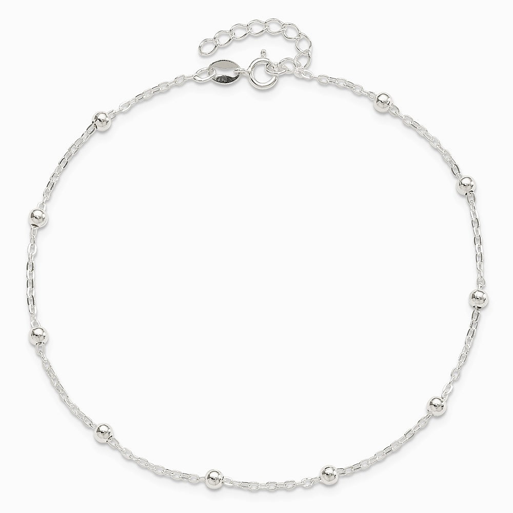 Sterling Silver 1mm Beaded Chain 10in Plus 1in ext. Anklet Bracelet 9"-10" - Product Photo