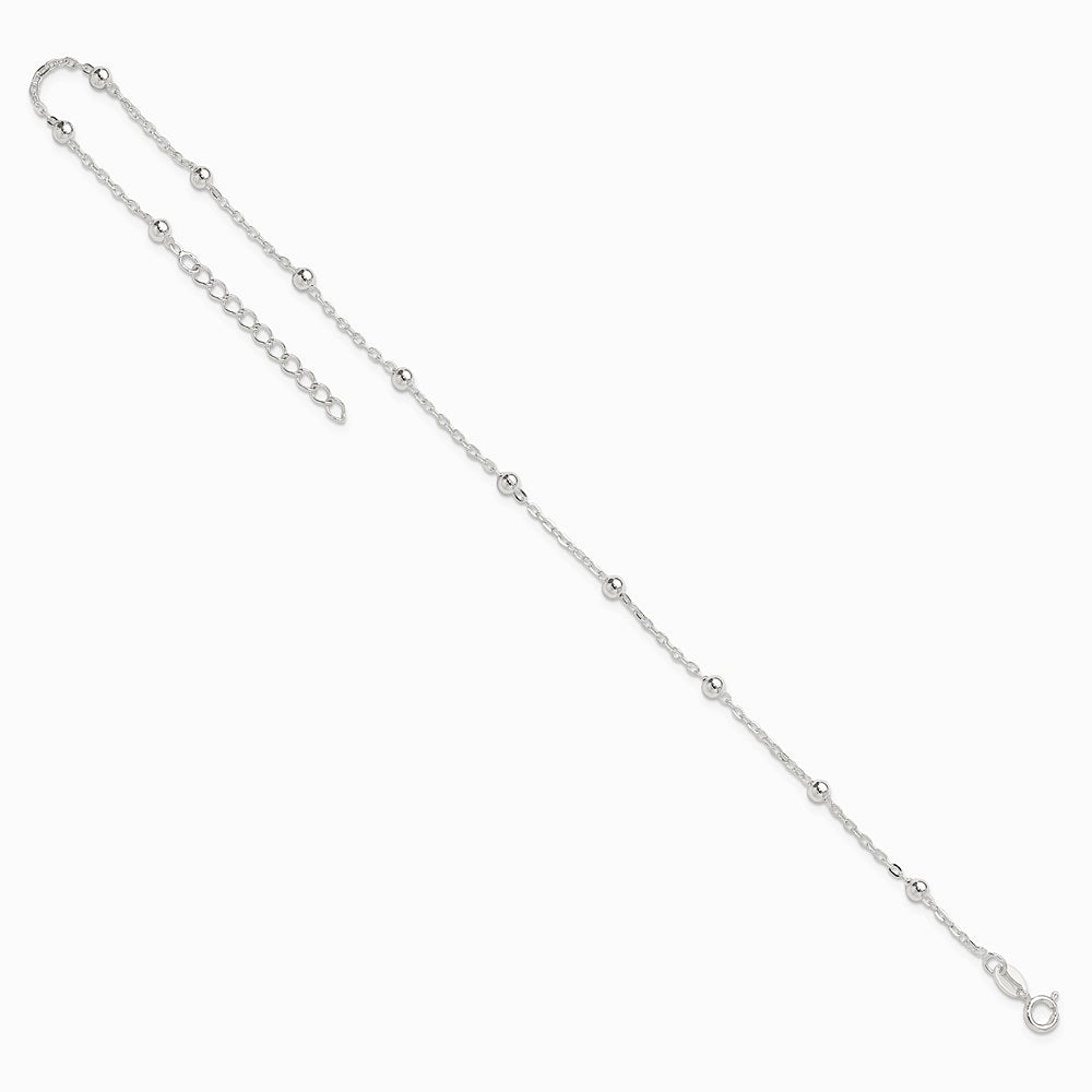 Sterling Silver 1mm Beaded Chain 10in Plus 1in ext. Anklet Bracelet 9"-10" - Product Photo