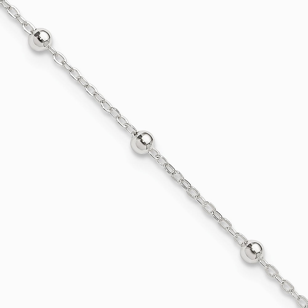 Sterling Silver 1mm Beaded Chain 10in Plus 1in ext. Anklet Bracelet 9"-10" - Product Photo