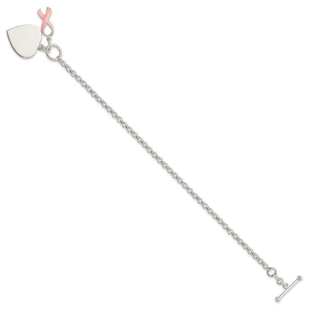 Sterling Silver Fancy Engraveable Heart with Pink Ribbon Bracelet - Product Photo