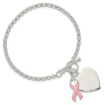Sterling Silver Fancy Engraveable Heart with Pink Ribbon Bracelet - Product Photo