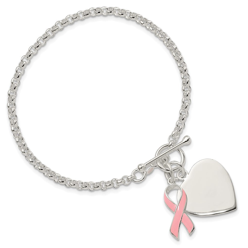 Sterling Silver Fancy Engraveable Heart with Pink Ribbon Bracelet - Product Photo
