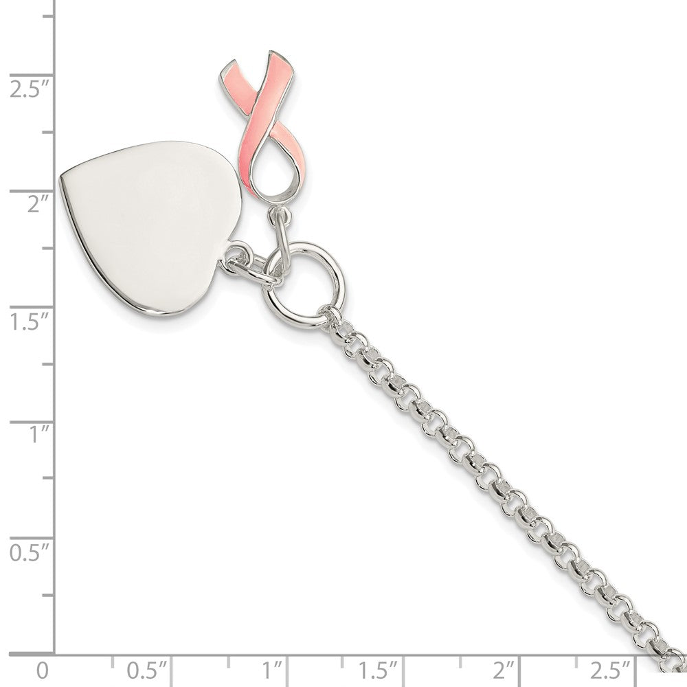 Sterling Silver Fancy Engraveable Heart with Pink Ribbon Bracelet - Product Photo