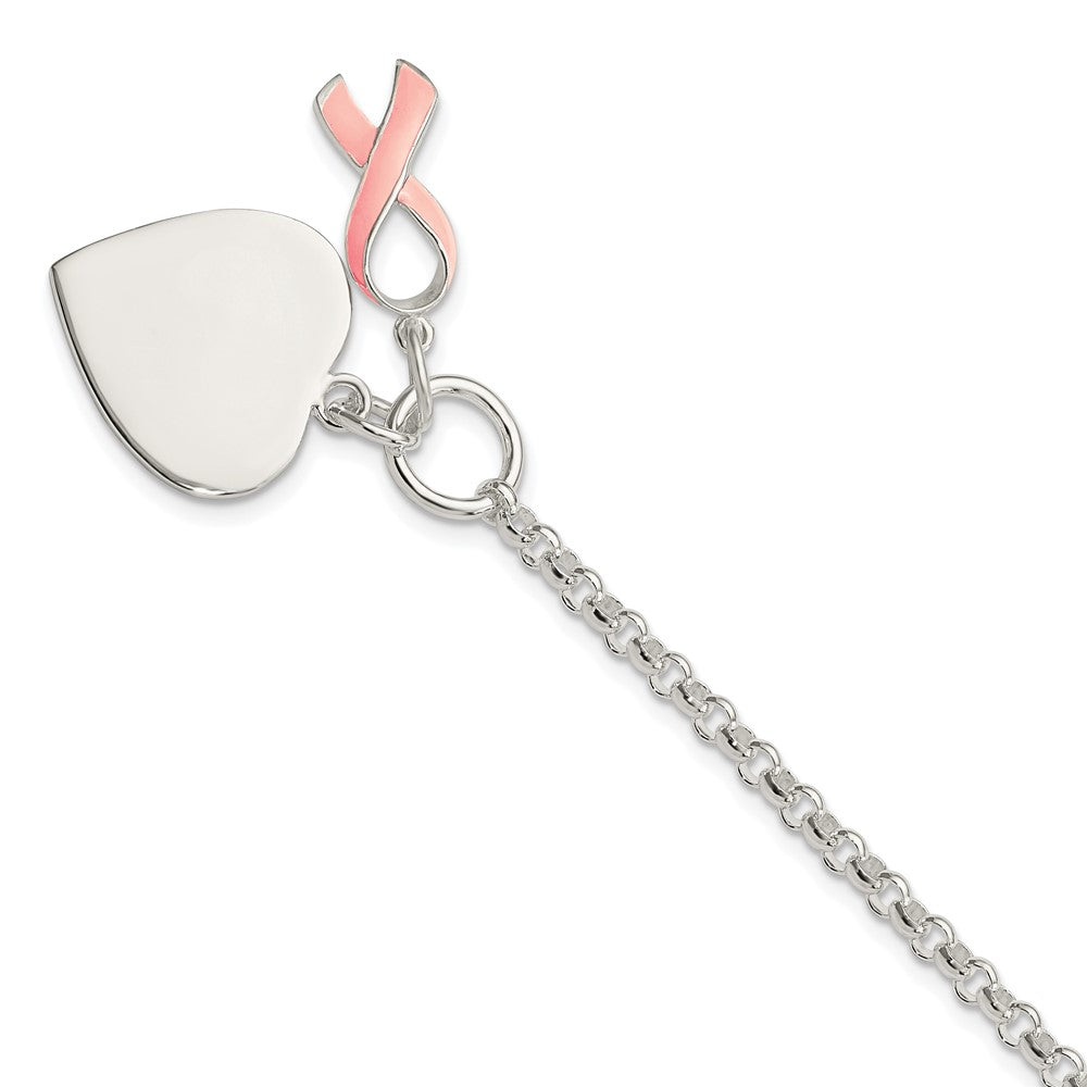 Sterling Silver Fancy Engraveable Heart with Pink Ribbon Bracelet - Product Photo