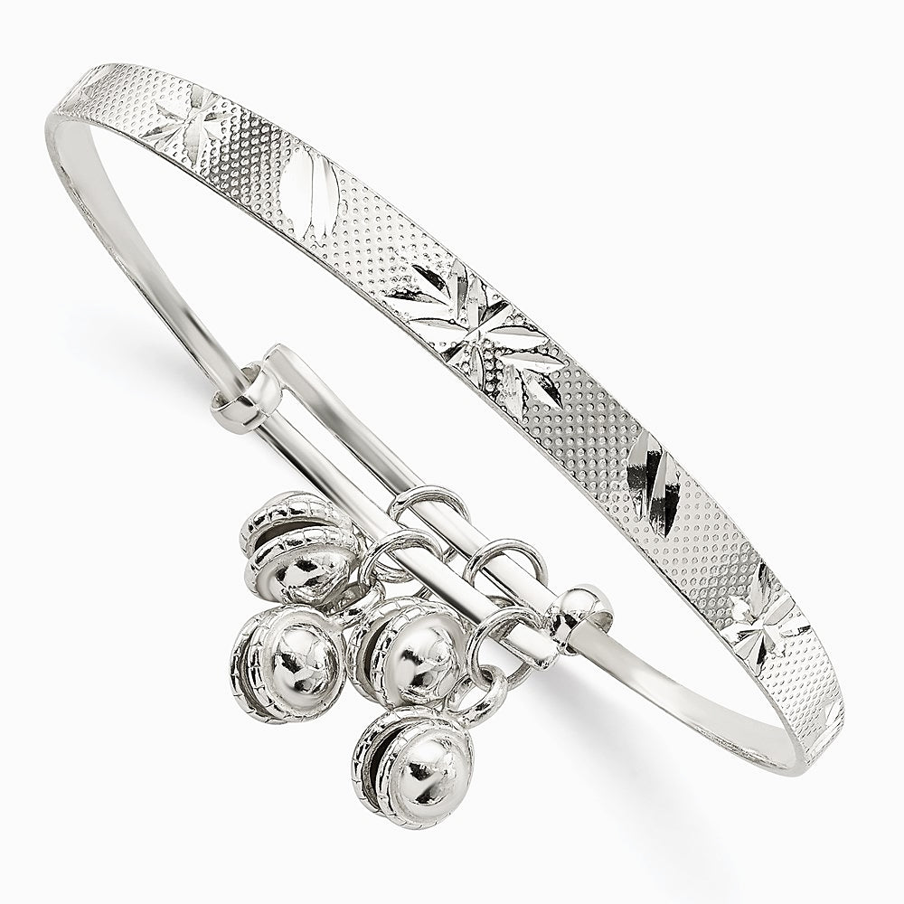 Sterling Silver D/C & Textured Bells Adjustable Children's Bangle Bracelet - Product Photo
