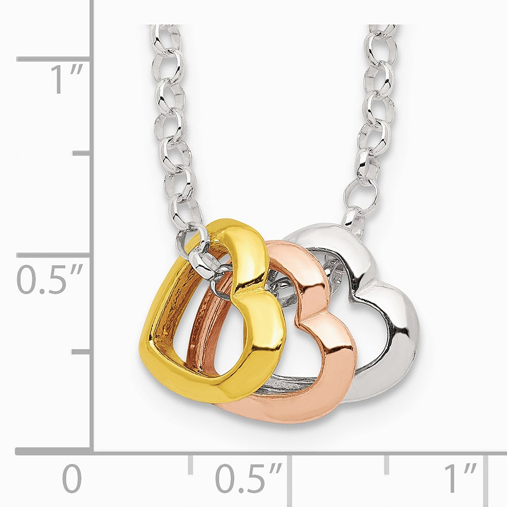 Sterling Silver and Vermeil Polished Fancy 3-Heart Necklace - Product Photo