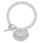 Sterling Silver Puffed Filigree Heart Toggle Bracelet - Product Photo