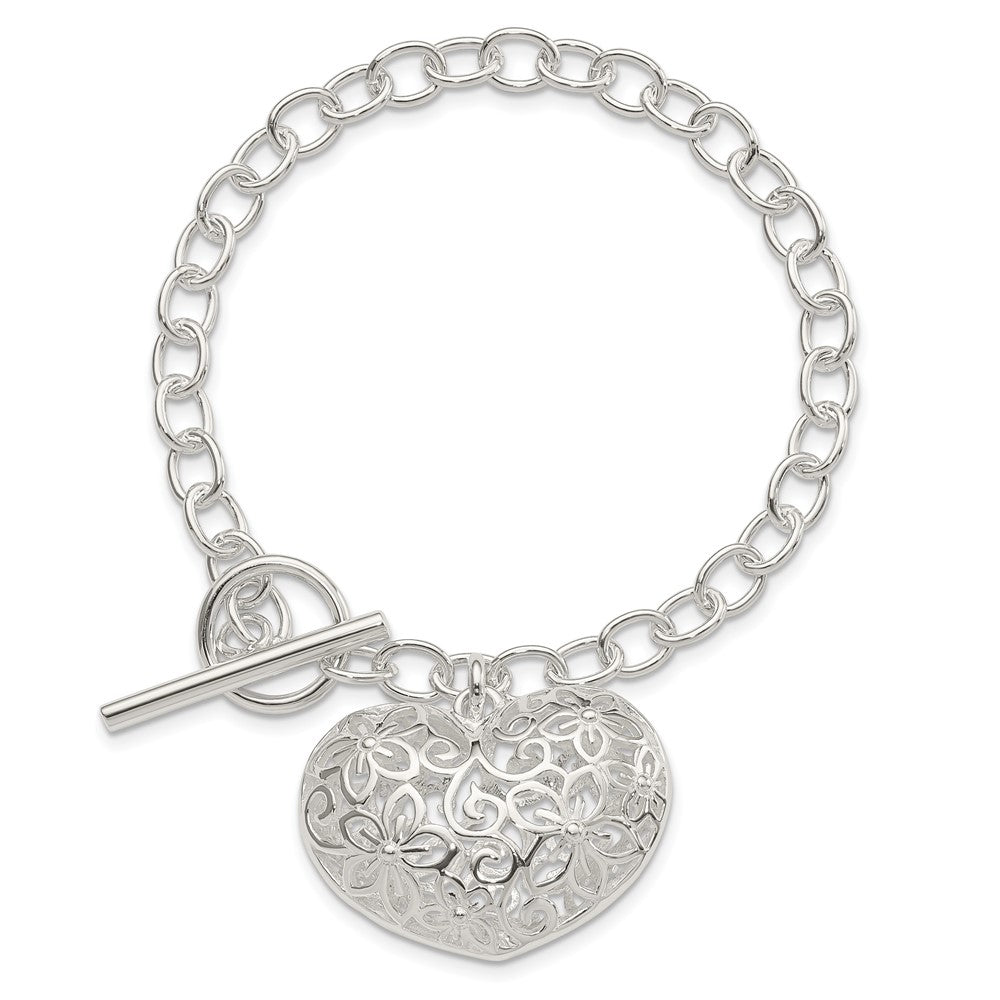 Sterling Silver Puffed Filigree Heart Toggle Bracelet - Product Photo