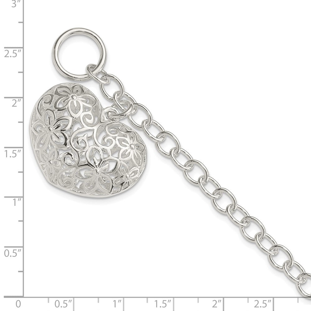 Sterling Silver Puffed Filigree Heart Toggle Bracelet - Product Photo