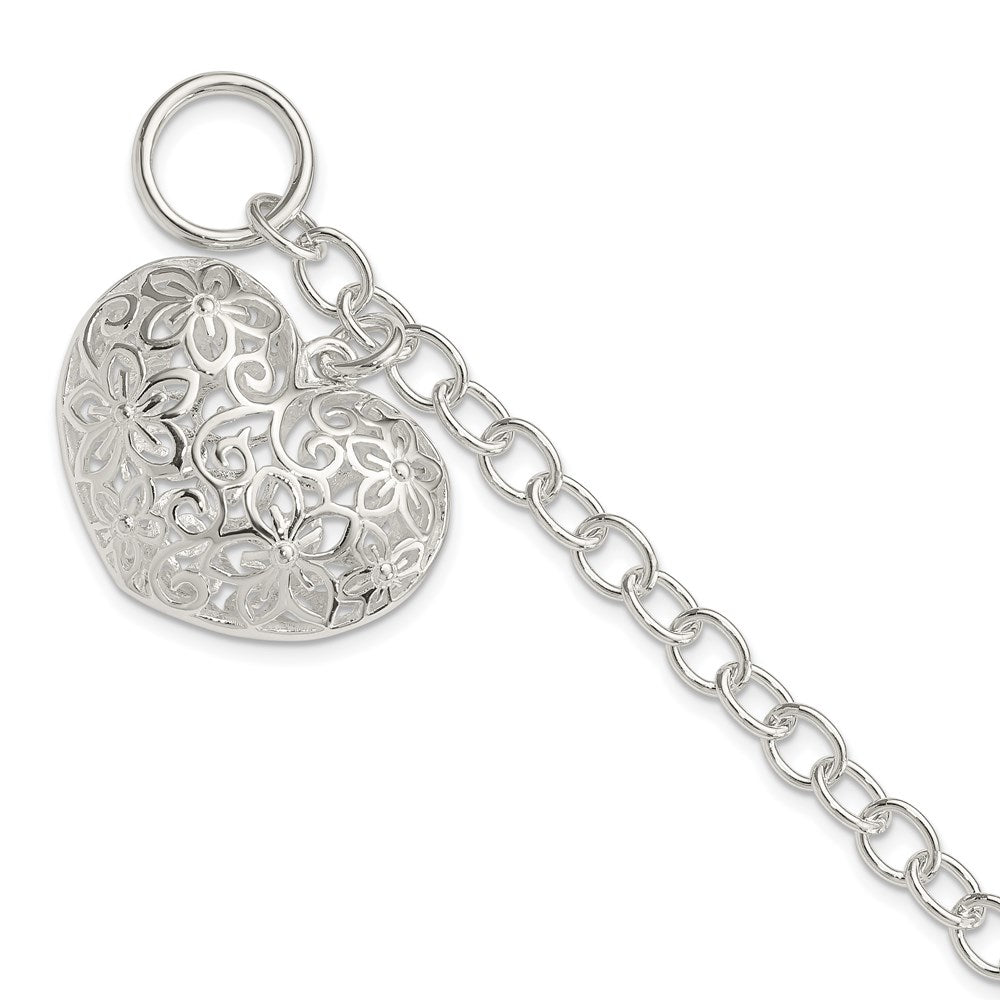Sterling Silver Puffed Filigree Heart Toggle Bracelet - Product Photo