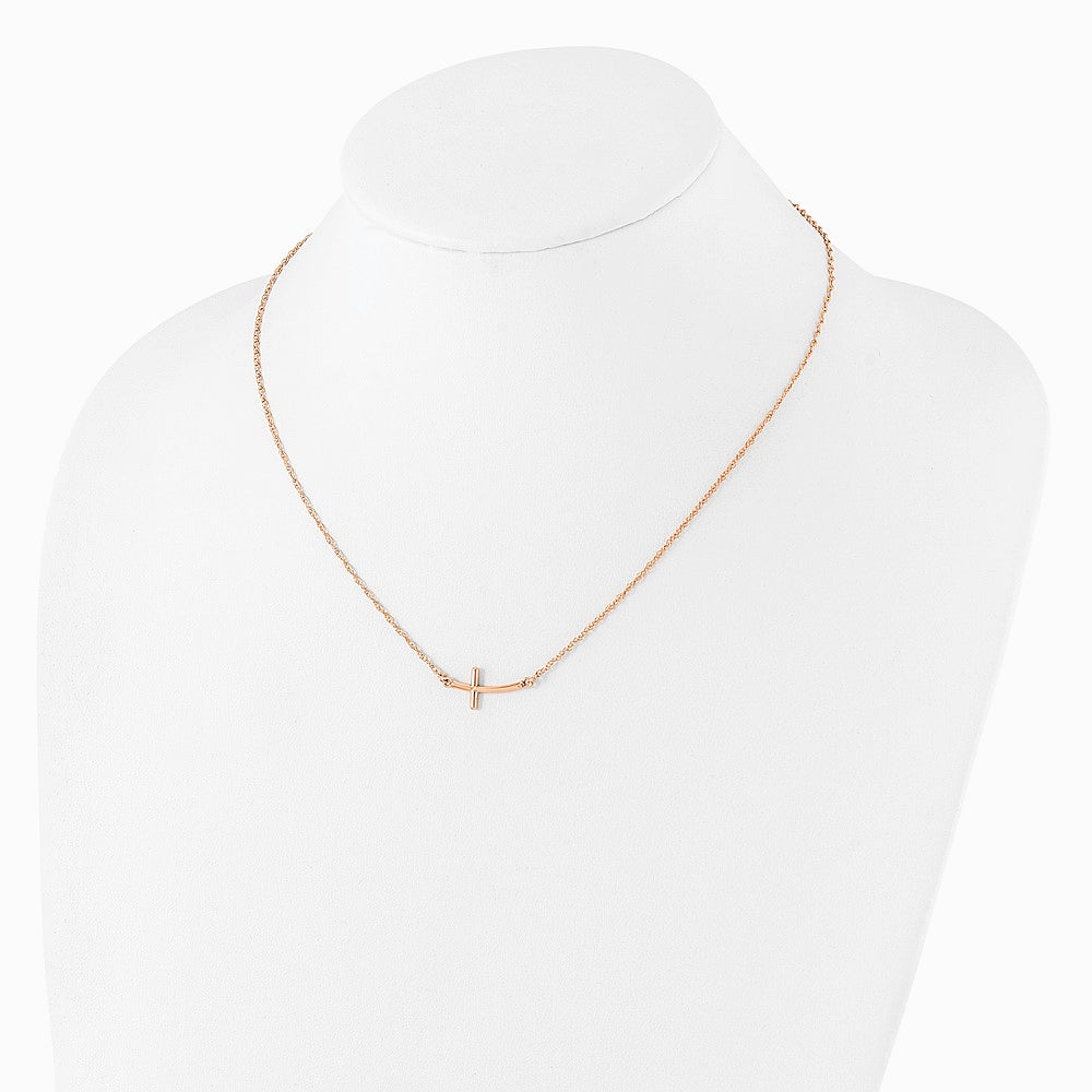 Sterling Silver Rose Gold-plated Small Sideways Curved Cross Necklace - Product Photo