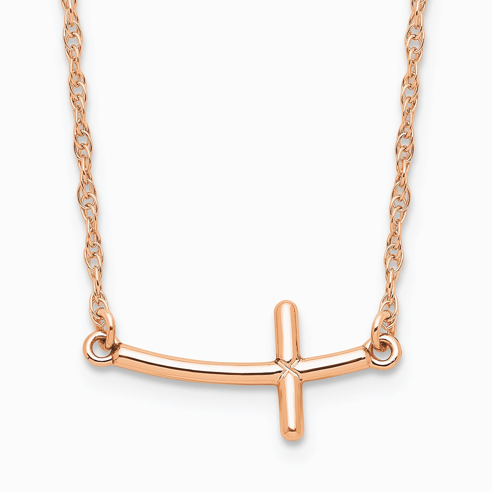 Sterling Silver Rose Gold-plated Small Sideways Curved Cross Necklace - Product Photo