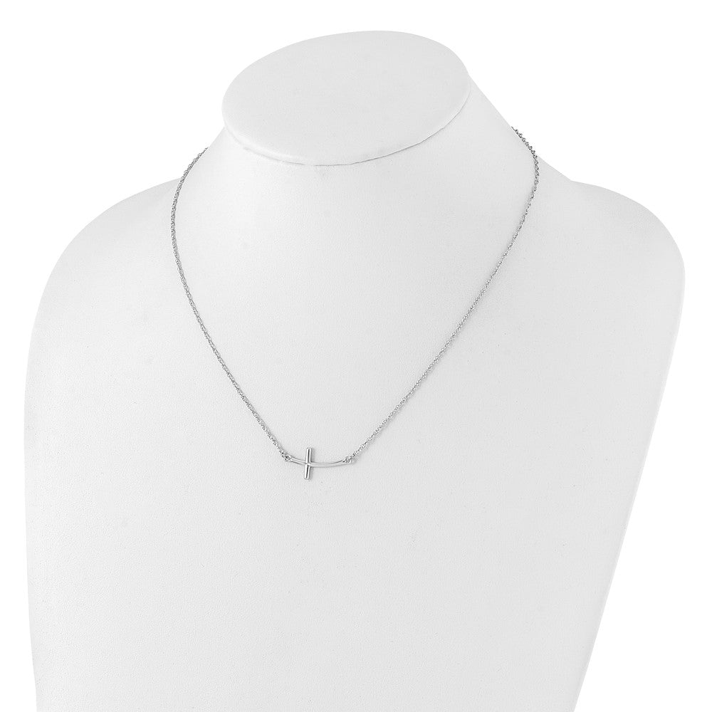 Sterling Silver Rhodium-plated Large Sideways Curved Cross Necklace - Product Photo