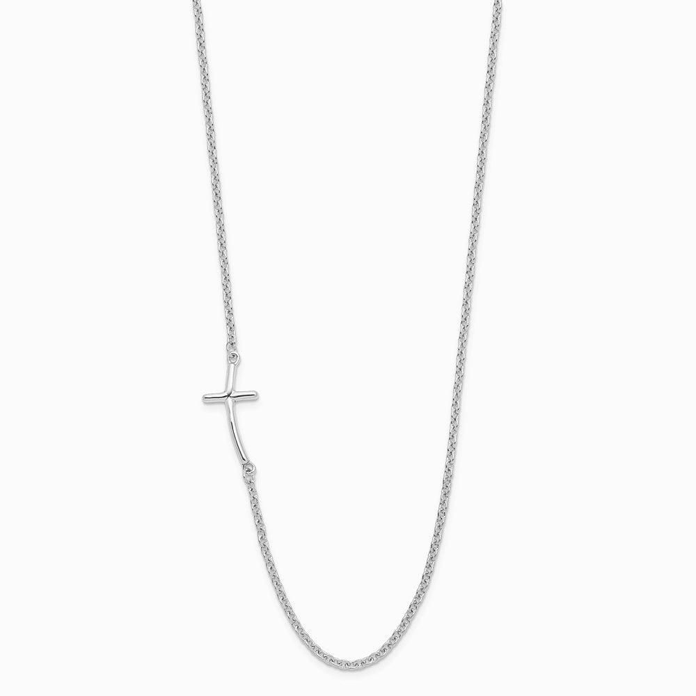 Sterling Silver Rh-plated Small Off-Set Sideways Curved Cross Necklace - Product Photo
