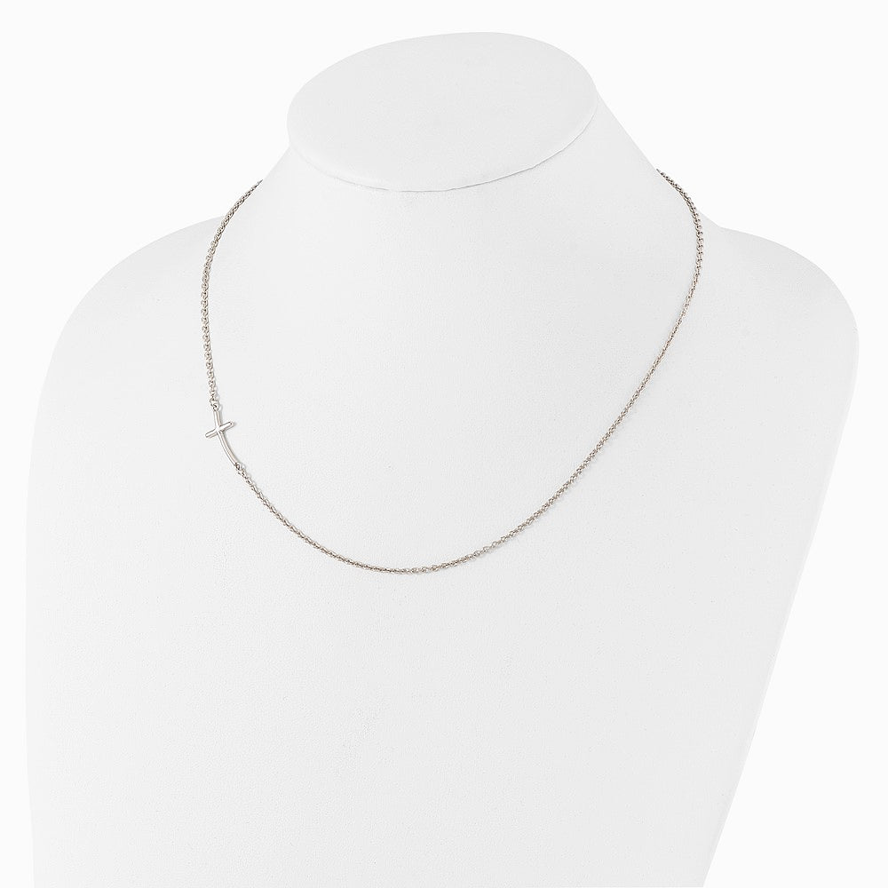 Sterling Silver Rh-plated Small Off-Set Sideways Curved Cross Necklace - Product Photo