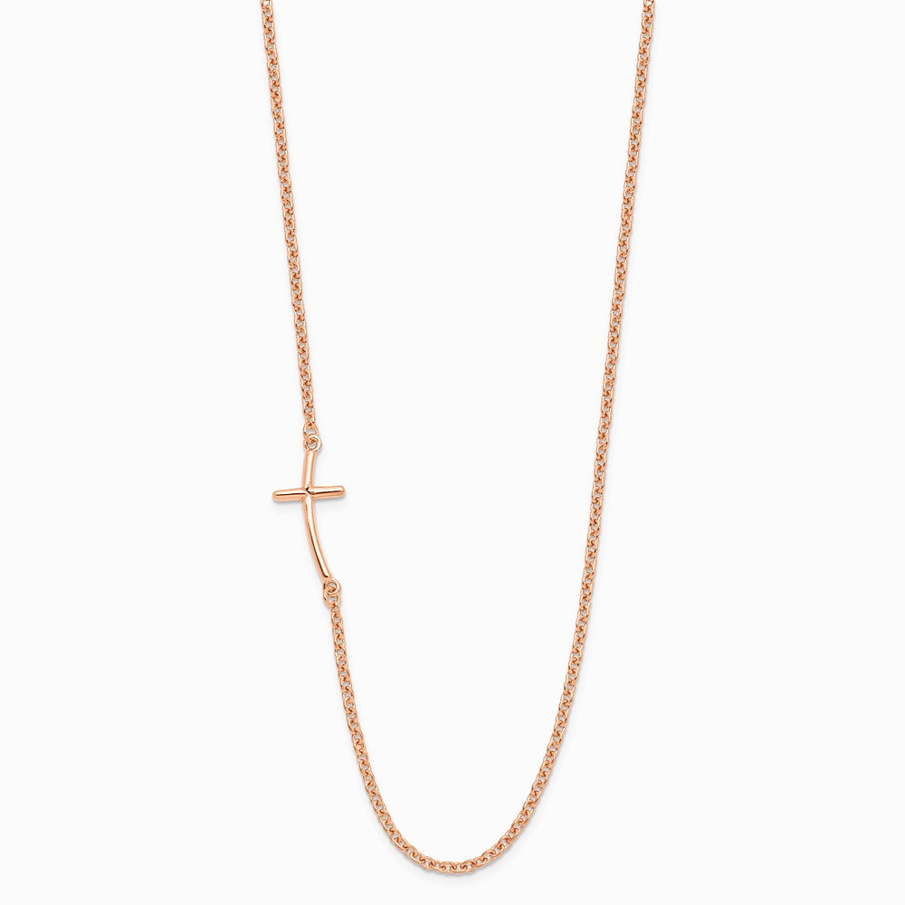 Sterling Silver Rose Gold-plated Small Off-Set Sideways Curved Cross Necklace - Product Photo