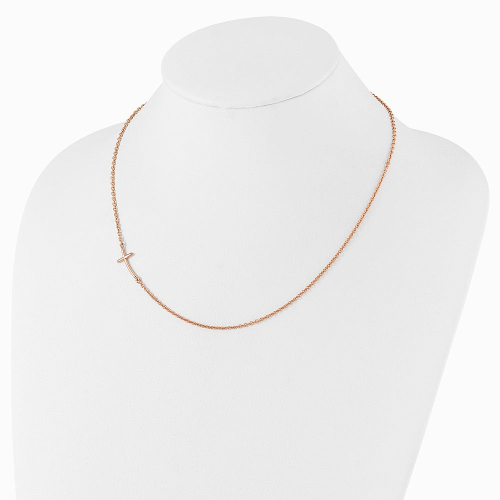 Sterling Silver Rose Gold-plated Small Off-Set Sideways Curved Cross Necklace - Product Photo