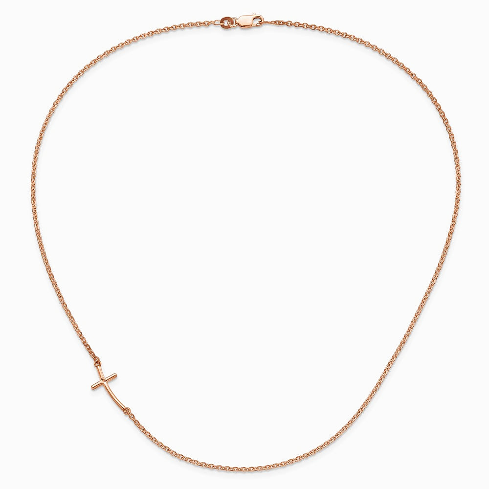 Sterling Silver Rose Gold-plated Small Off-Set Sideways Curved Cross Necklace - Product Photo