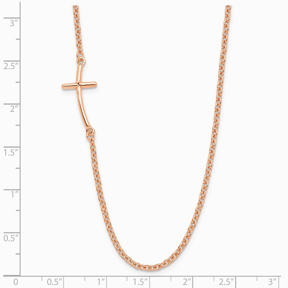 Sterling Silver Rose Gold-plated Small Off-Set Sideways Curved Cross Necklace - Product Photo