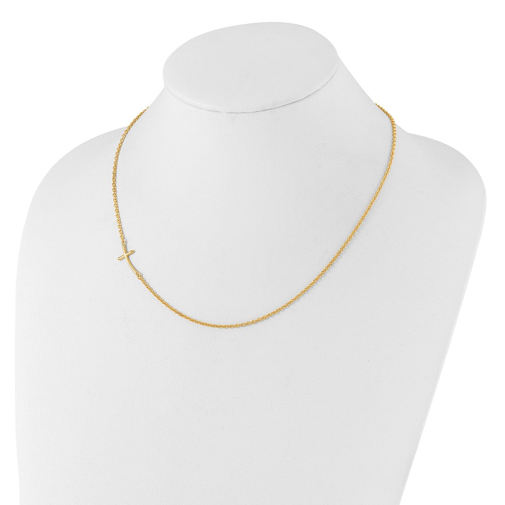 Sterling Silver Yellow Gold-plated Small Off-Set Sideways Curved Cross Necklace - Product Photo