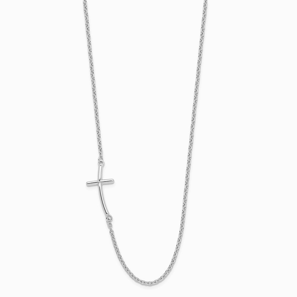 Sterling Silver Rh-plated Large Off-Set Sideways Curved Cross Necklace - Product Photo