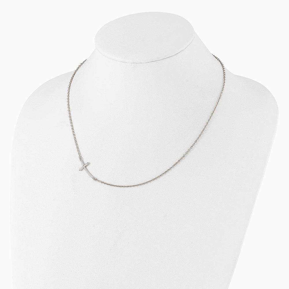 Sterling Silver Rh-plated Large Off-Set Sideways Curved Cross Necklace - Product Photo