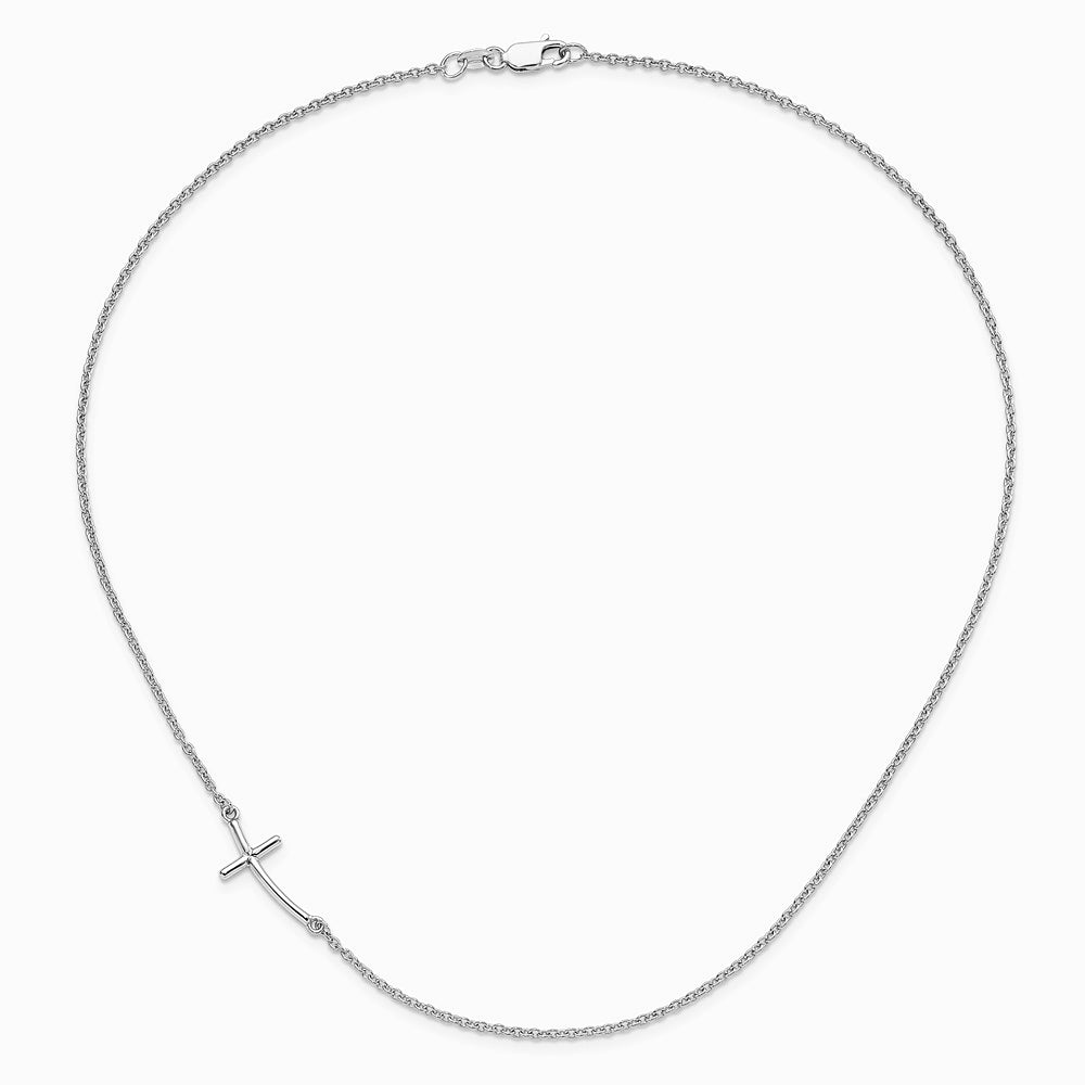 Sterling Silver Rh-plated Large Off-Set Sideways Curved Cross Necklace - Product Photo