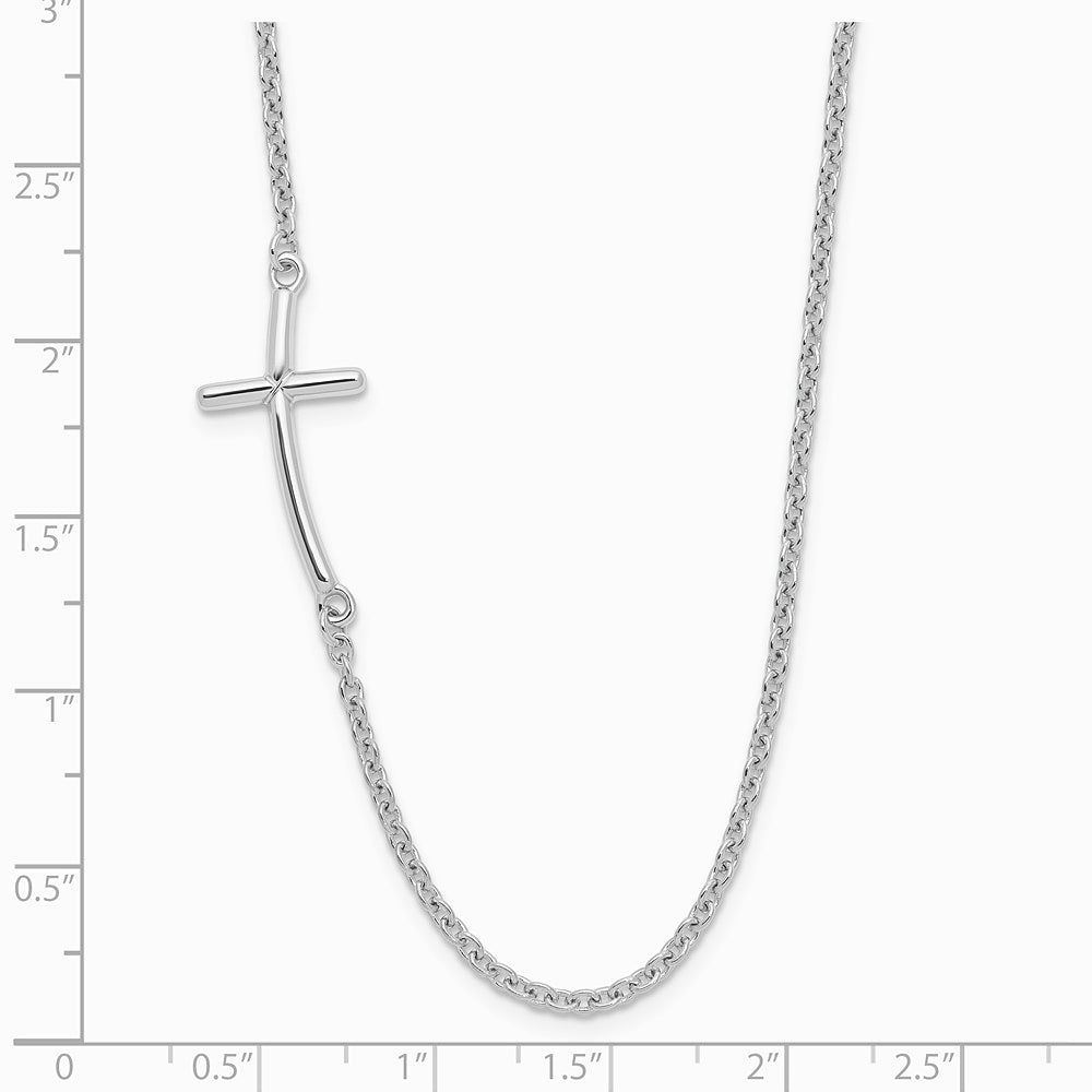 Sterling Silver Rh-plated Large Off-Set Sideways Curved Cross Necklace - Product Photo