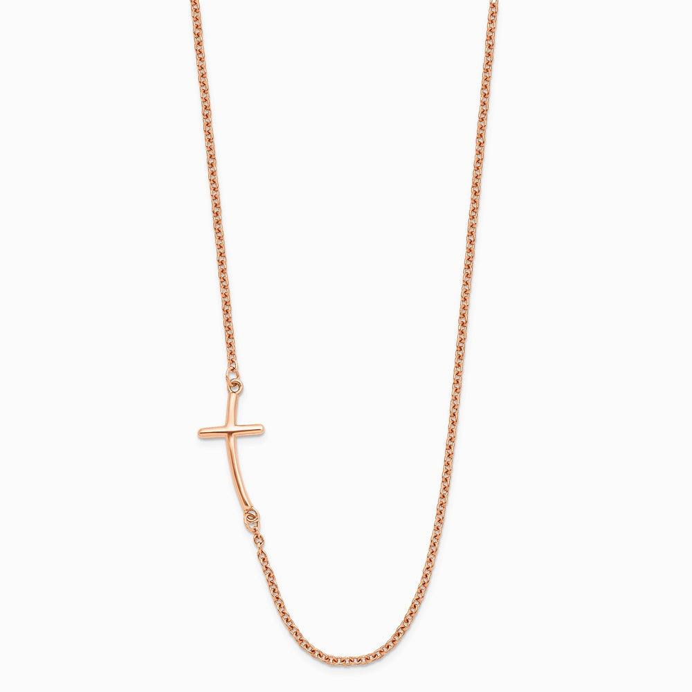 Sterling Silver Rose Gold-plated Large Off-Set Sideways Curved Cross Necklace - Product Photo