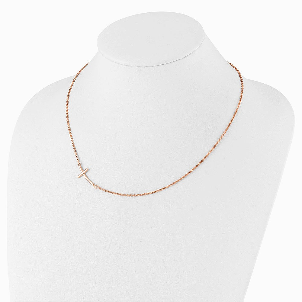 Sterling Silver Rose Gold-plated Large Off-Set Sideways Curved Cross Necklace - Product Photo