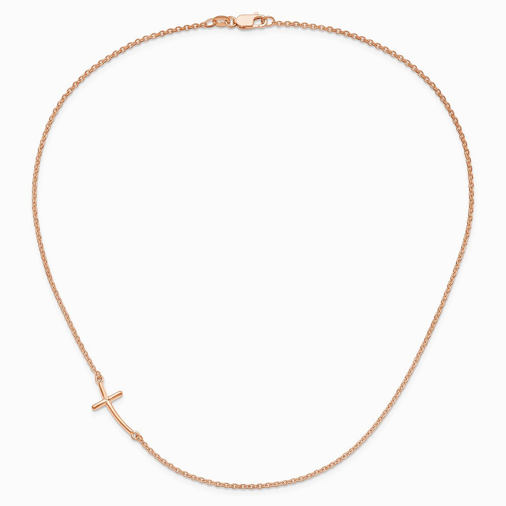 Sterling Silver Rose Gold-plated Large Off-Set Sideways Curved Cross Necklace - Product Photo