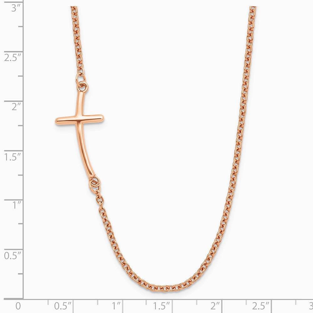 Sterling Silver Rose Gold-plated Large Off-Set Sideways Curved Cross Necklace - Product Photo