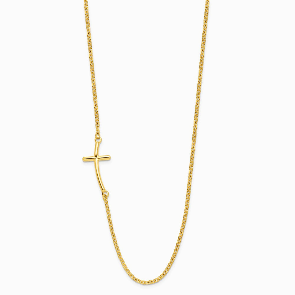 Sterling Silver Yellow Gold-plated Large Off-Set Sideways Curved Cross Necklace - Product Photo