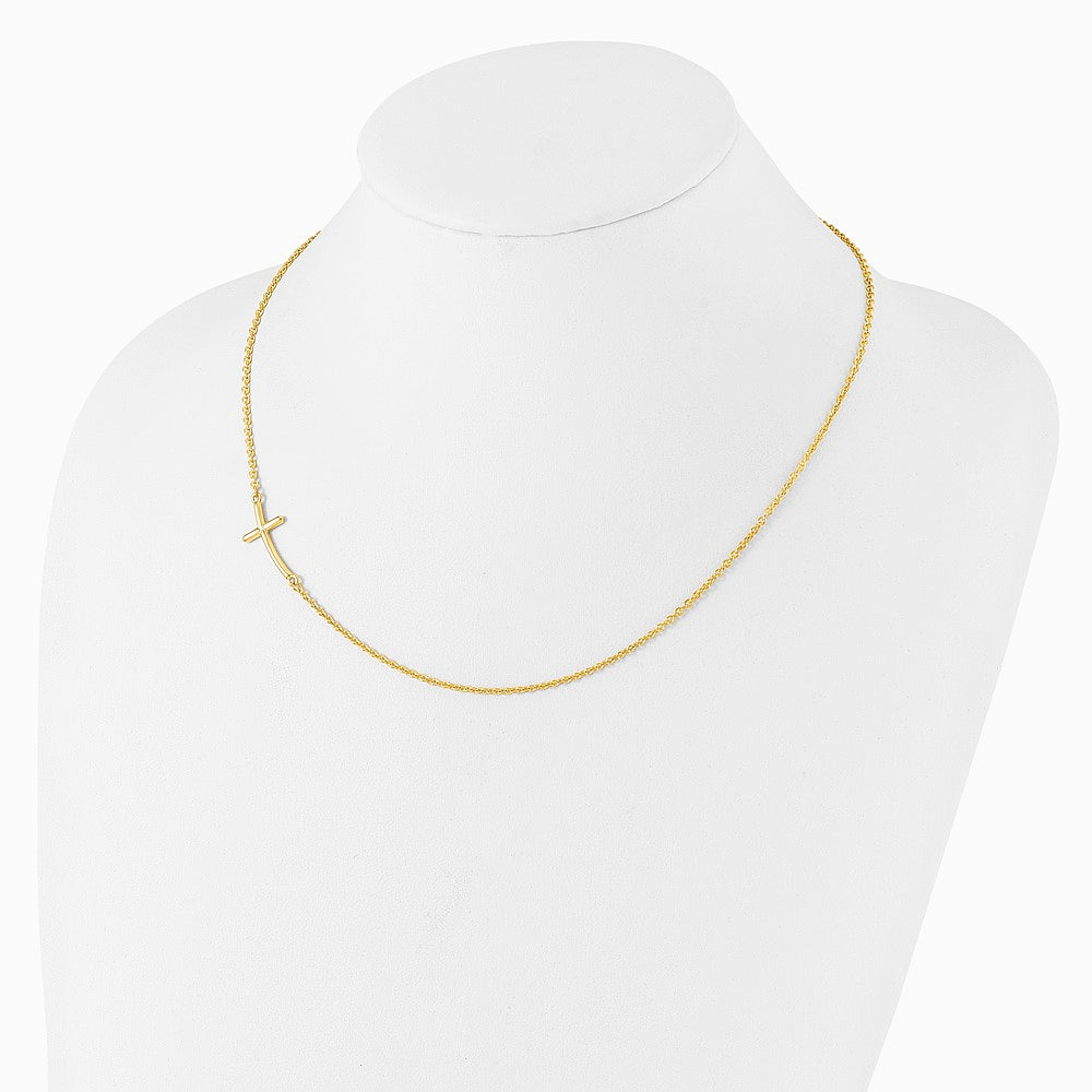 Sterling Silver Yellow Gold-plated Large Off-Set Sideways Curved Cross Necklace - Product Photo