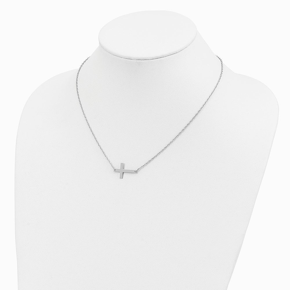 Sterling Silver Rhodium-plated Large Sideways Cross Necklace - Product Photo