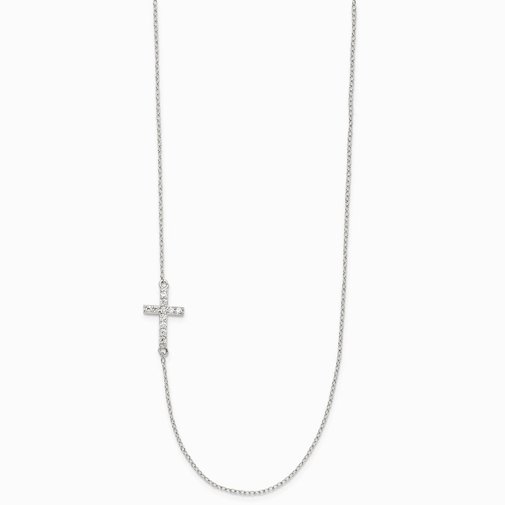 Sterling Silver Rhodium-pltd CZ Offset Sideways Cross with 2in Ext Necklace - Product Photo