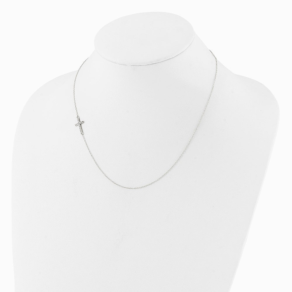 Sterling Silver Rhodium-pltd CZ Offset Sideways Cross with 2in Ext Necklace - Product Photo