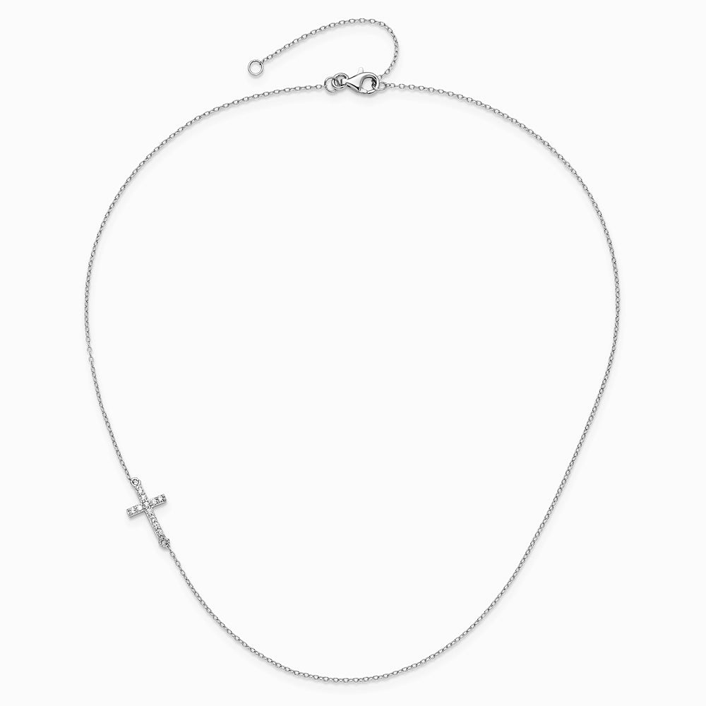 Sterling Silver Rhodium-pltd CZ Offset Sideways Cross with 2in Ext Necklace - Product Photo